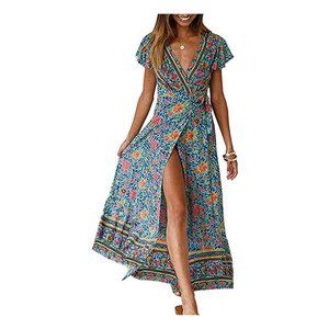 Women's Bohemian Floral Printed Wrap V Neck Short Sleeve Maxi Dress